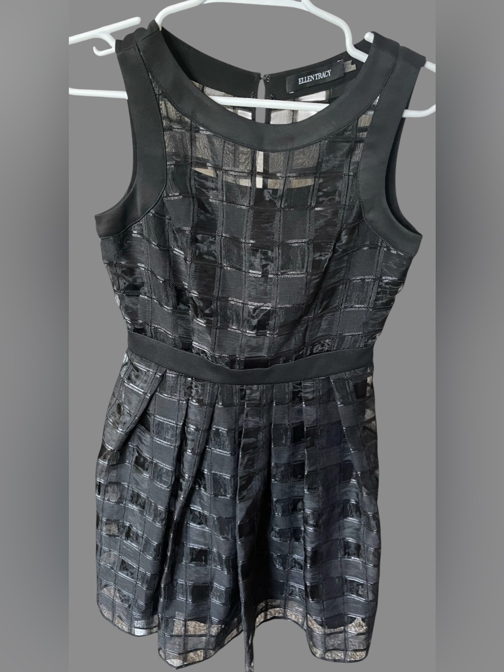 Ellen Tracy Black Sleeveless Sheer-Check Fit & Flare Dress - Picture 1 of 7